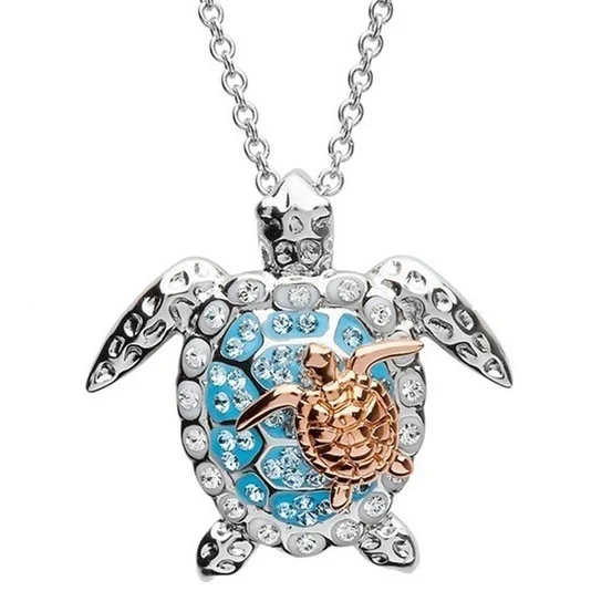 Two Tone Turtle Rhinestone Pendant Necklace
