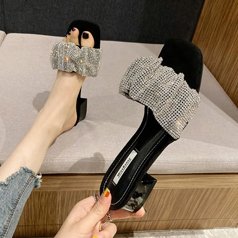 Breakj Breakj Temperament Famous Woman Summer Slippers French Small Heel Low Heel 3 Cm Black Water Drill Fashion Wearing Sandals
