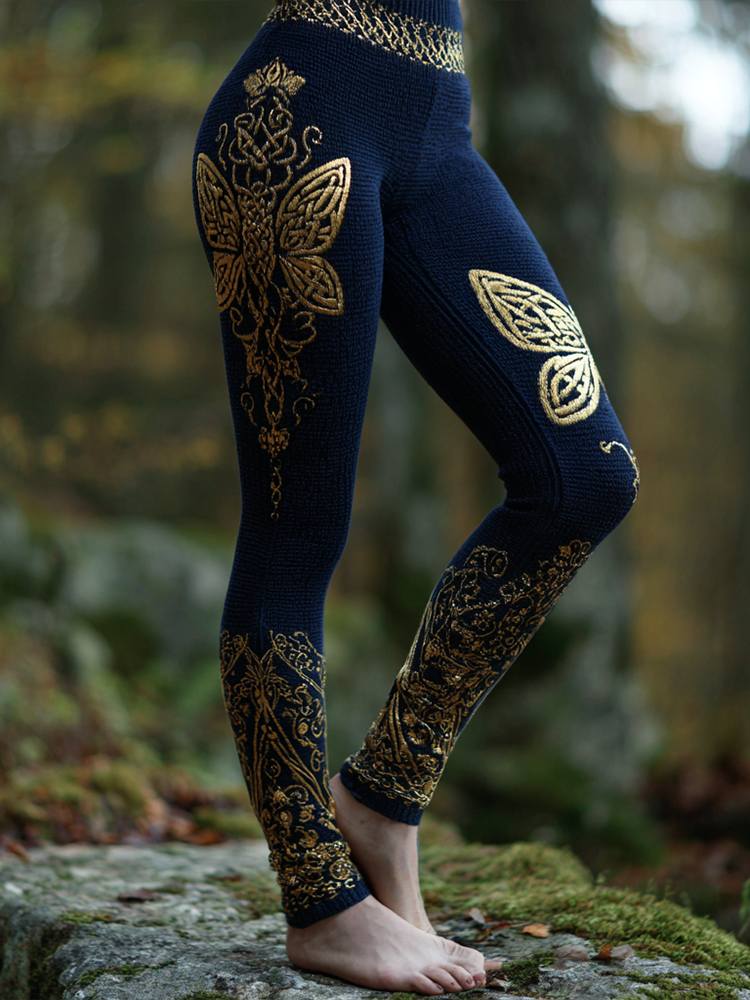 Women's Retro Viking Celtic Butterfly Design Knitted Tight-fitting Leggings elevenforest