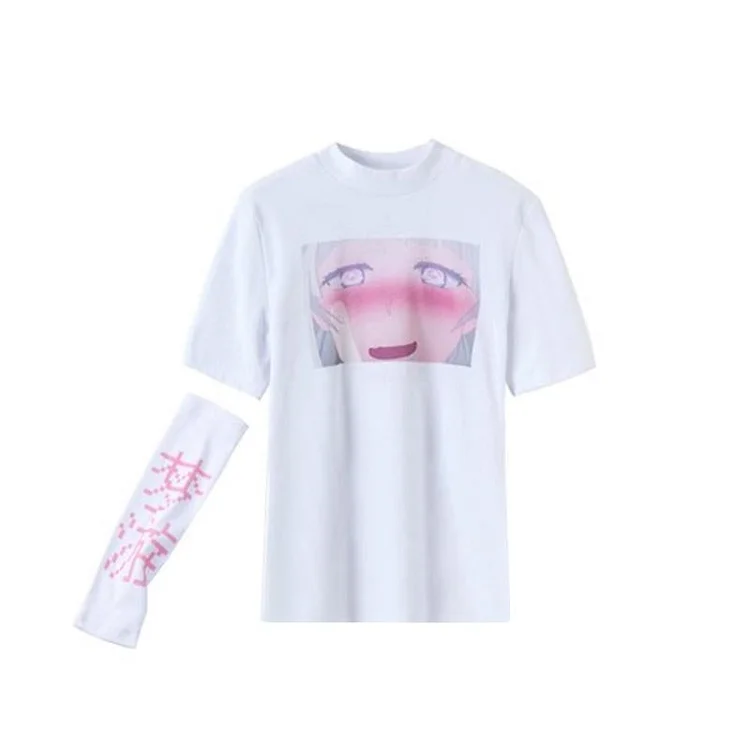 Ahegao Cartoon T-Shirt with SLEEPWALK Printed Arm Sleeve