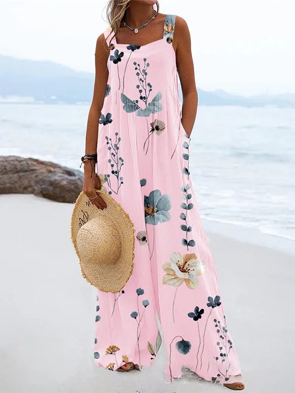 Buttoned Flower Print Pleated Pockets Split-Joint Loose Sleeveless Square-Neck Jumpsuits