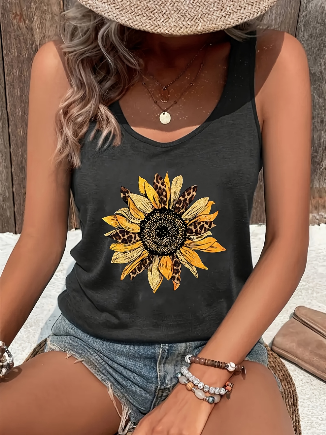 Womens Summer Casual Tank Top with Vibrant Sunflower Print-Black Polyester Round-neck | IFYHOME