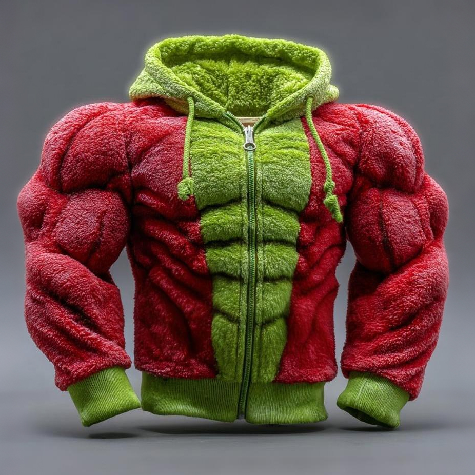 Men's Muscle Line Art Christmas Inspired Cozy Plush Full Zip Hoodie elevenforest