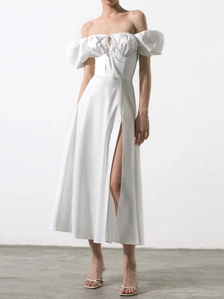 Jacqueline 2022 Puff Sleeve Midi Floral Dress Women Retro Elegant Sexy Split Sundress Casual Ruched Drawstring Dresses Summer