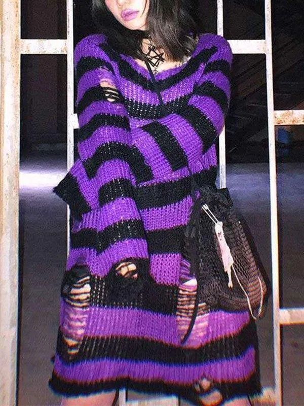 Brownm Distressed Stripe Longline Sweater