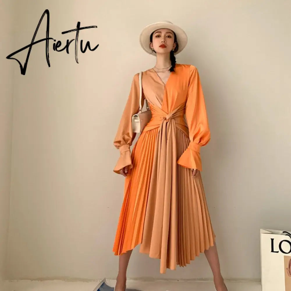New Fashion Women V-neck Contrast Color Flare Waist Lace Up Orange Long-sleeved Dresses Aiertu