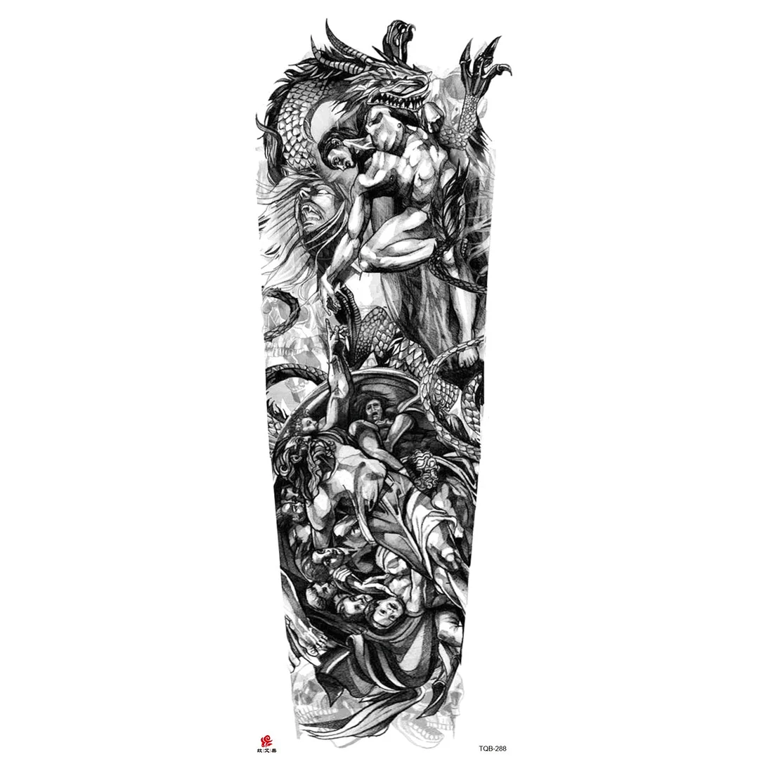 Full Arm Temporary Tattoo Wolf Lion Fish Horns Geometric Man Body Leg Rose Flower Phoenix Waterproof Sticker Cool Women Tatoo