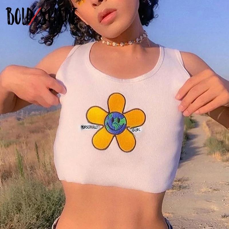 Bold Shade Indie Aesthetic Y2K E-girl Tank Tops Floral Letter Embroidery 2000s Vintage Harajuku Crop Top Women Streetwrear Tanks