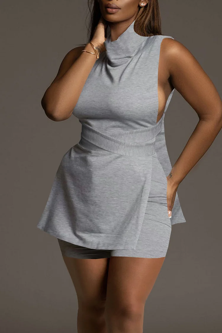 Grey Sexy Solid Bandage Hollowed Out Patchwork Asymmetrical Turtleneck Sleeveless Two Pieces