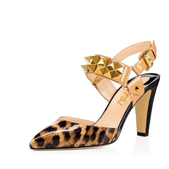 Leopard Print Heels Slingback Closed Toe Sandals with Rivets |FSJ Shoes