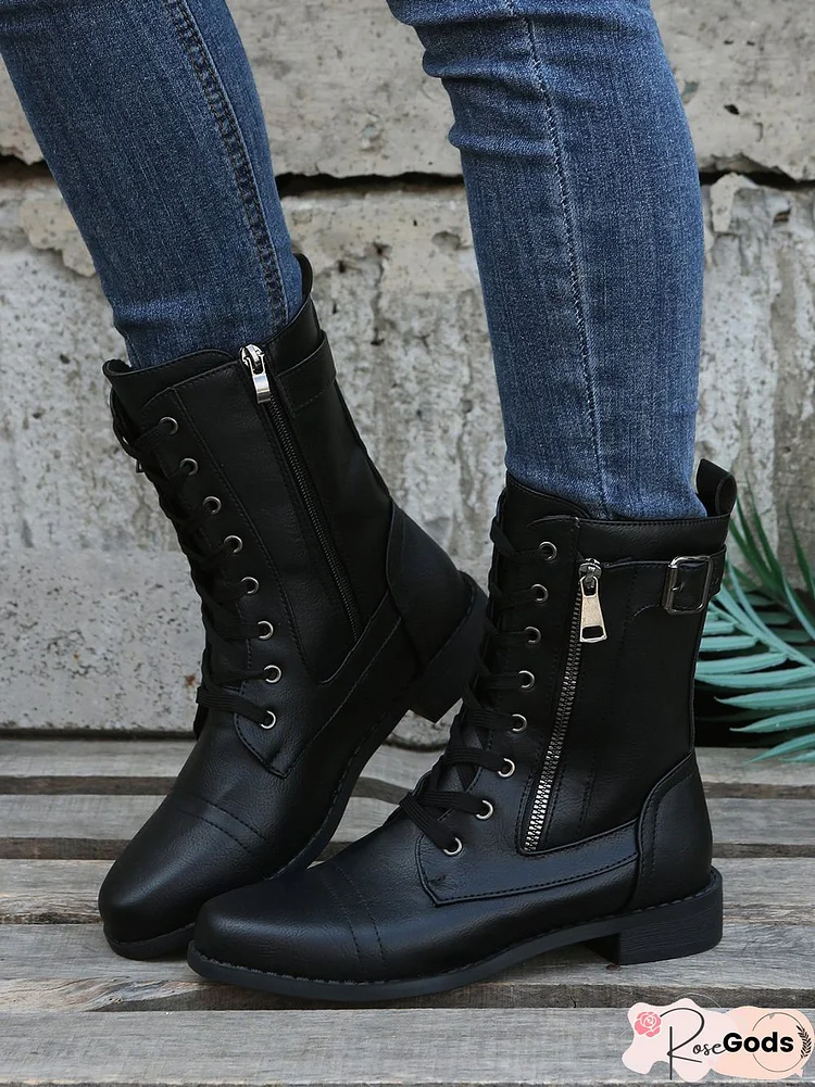 Simple Solid Color Buckle Decorated Riding Boots Mid Boots