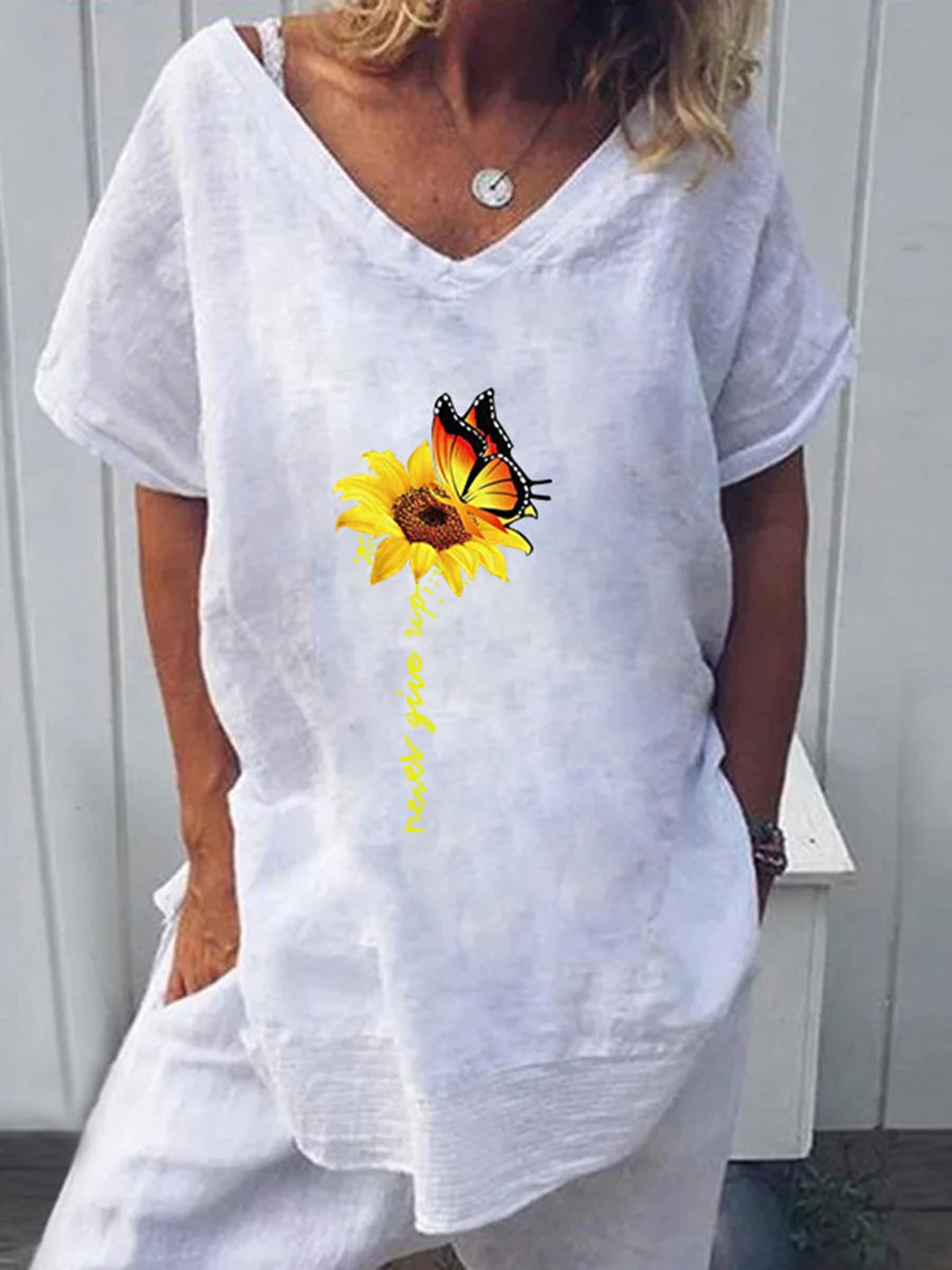 V-neck Sunflower Butterfly Print T-shirt