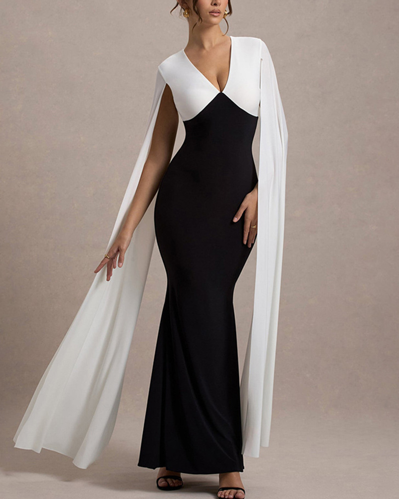 Colorblock V Neck Cape Sleeveless Maxi Dress