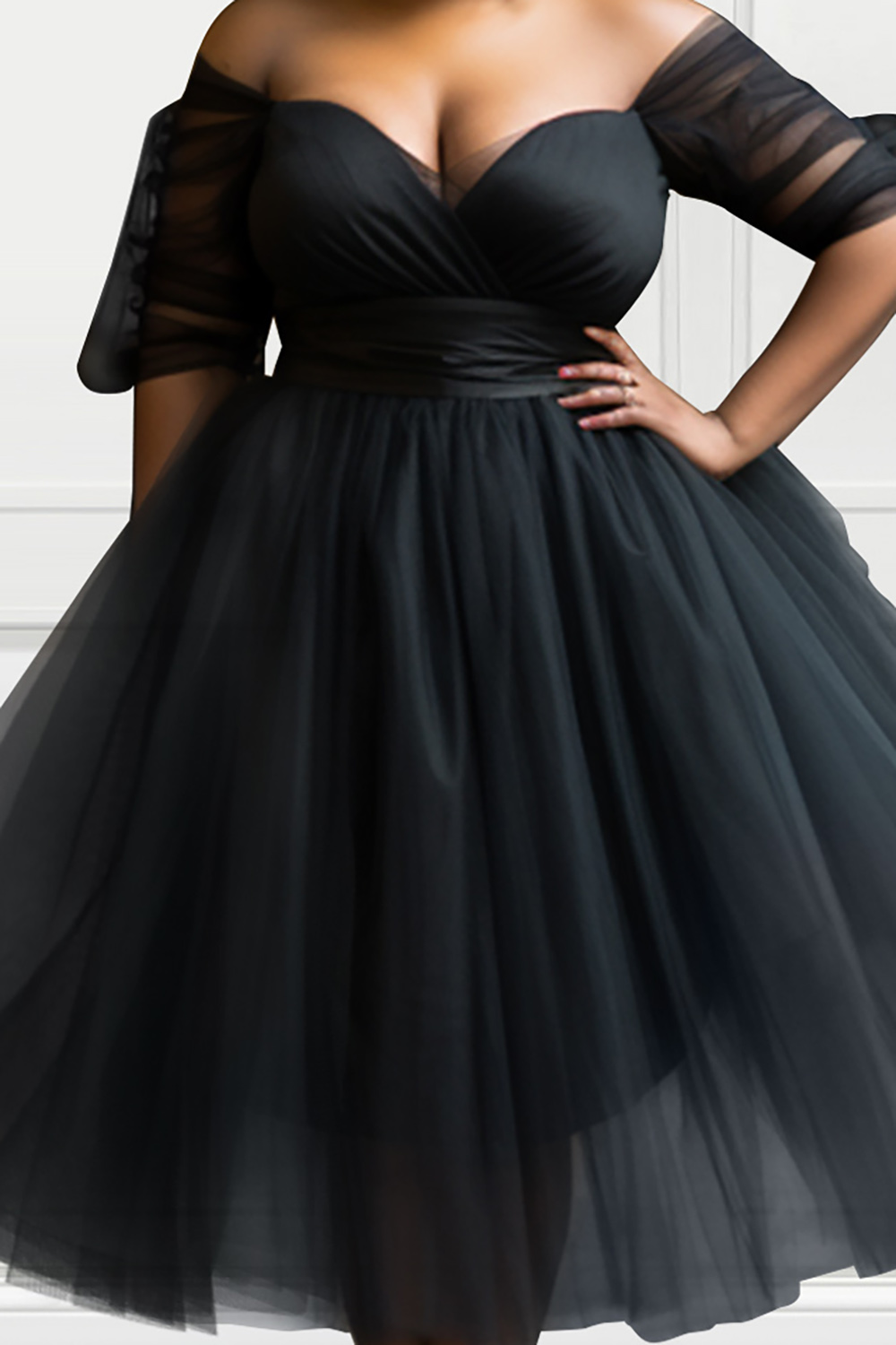 Design Plus Size Party Elegant Black Off The Shoulder Half Sleeve See Through Mesh Midi Dresses [Pre-Order]