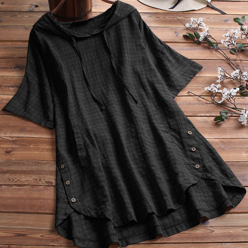 Women's Hooded V-Neck Loose Plaid Casual Tops