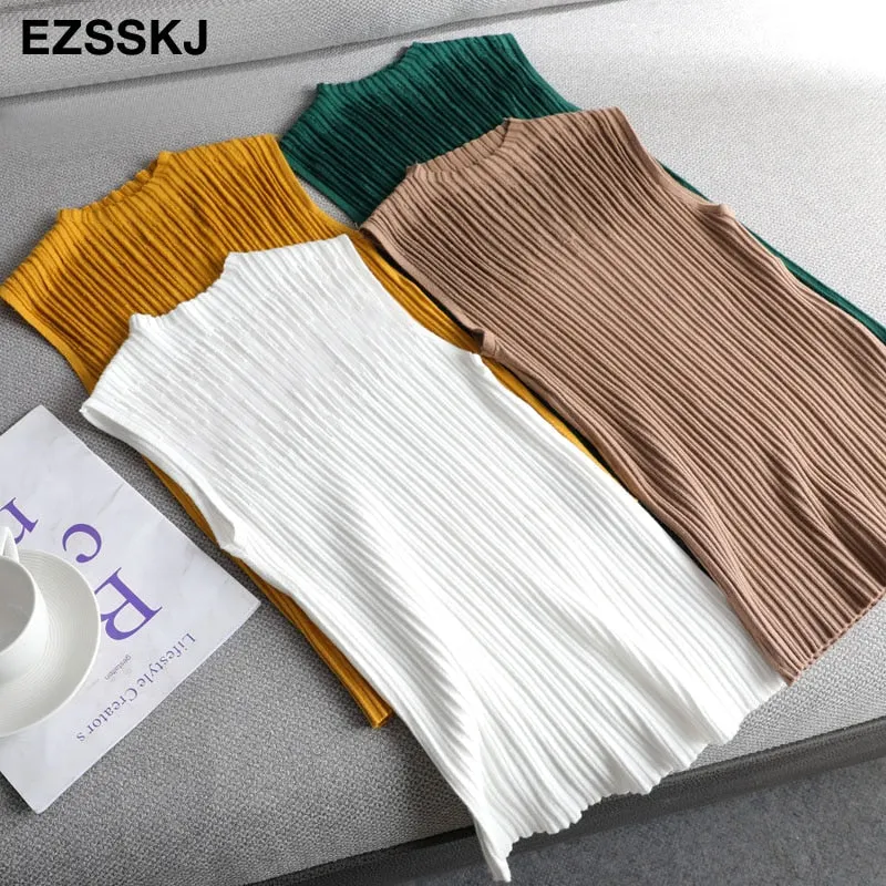 elegant Top spring autumn Knitted Tank top Women Blouse turtlenck sexy Sleeveless sweater vest Female slim top