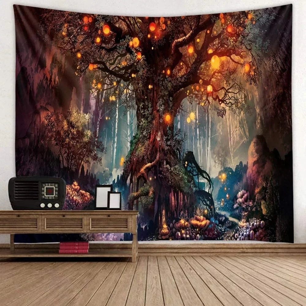 Psychedelic Trees Tapestry Wishing Lantern Trees Wall Hanging Landscape Wall Tapestry Carpet Bed Sheet Bohemian Hippie HomeDecor