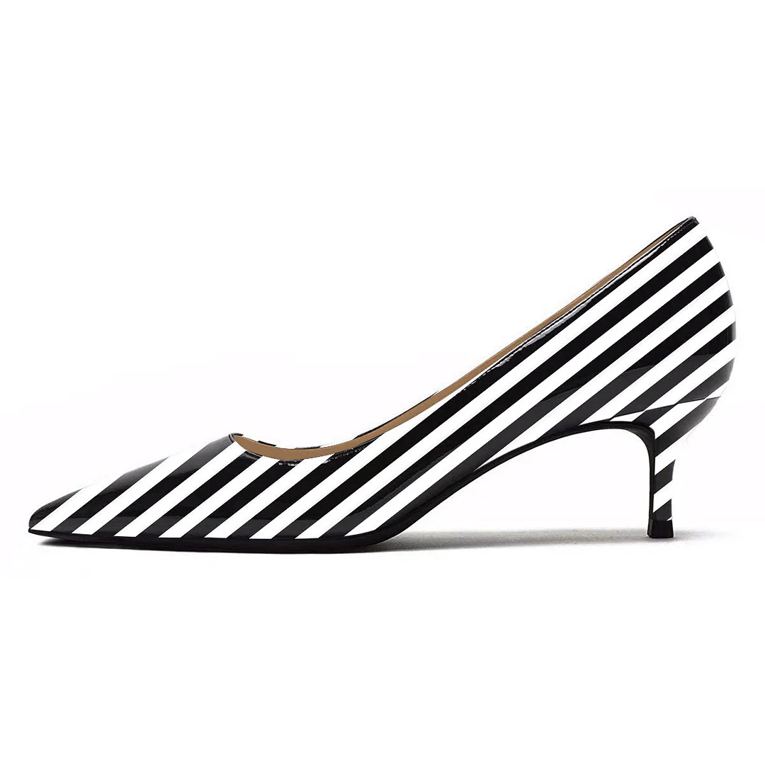 Chic Patent Leather Low Heel White & Black Stripes Pumps Shoes