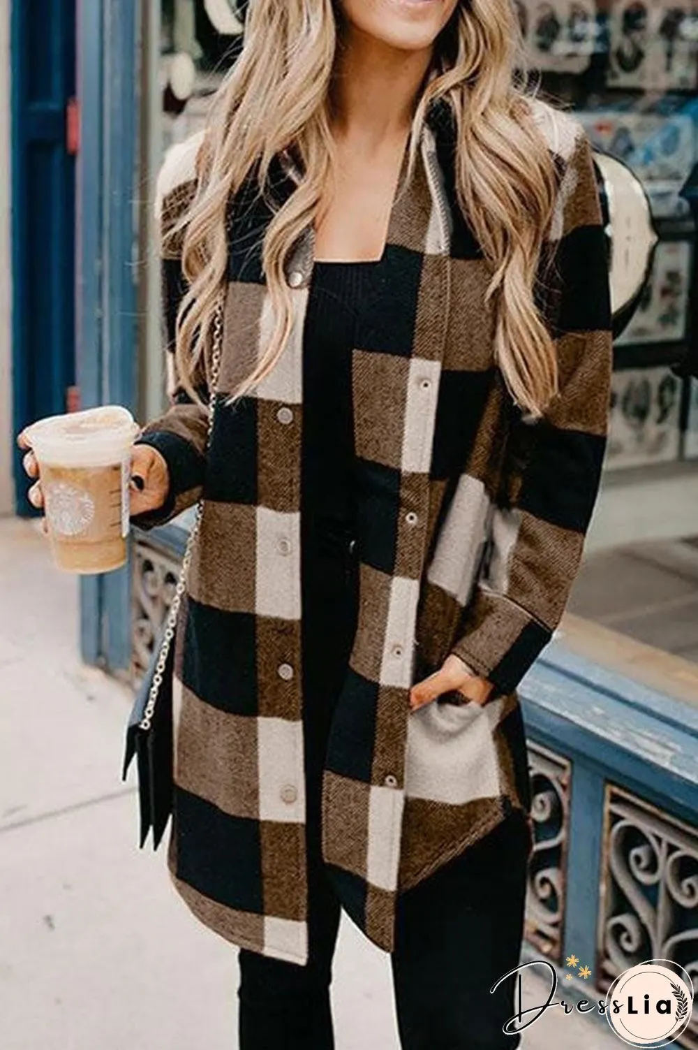 Casual Mid Length Plaid Print Coat