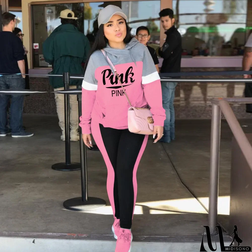 MidiSono - Plus Size Pink Letter Print Hoodies Two Piece Sets