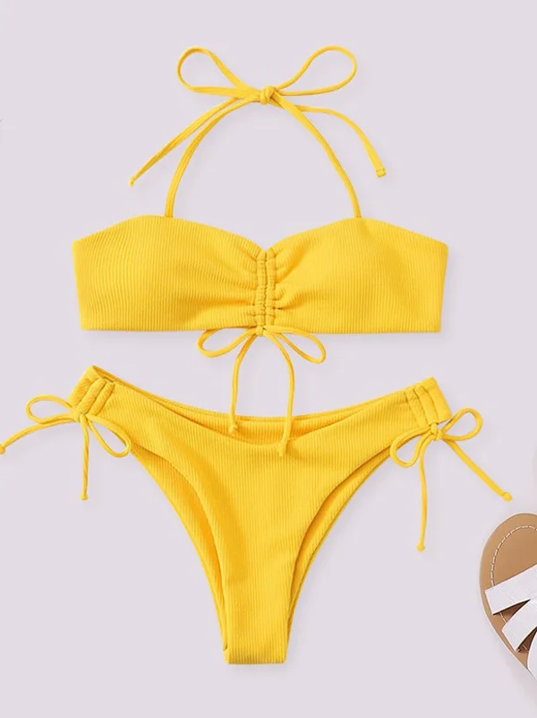 Solid Color Knotted Halterneck Split Bikini Swimsuit