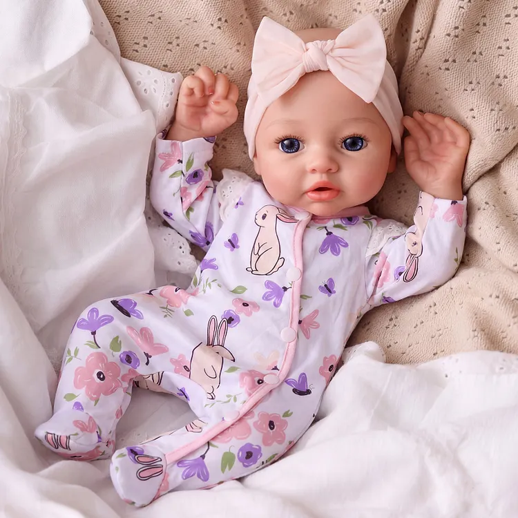 Babeside Dolly 16&rdquo; Full Silicone Baby Girl Doll with Gentle Infant Look in Purple Blossom Bunny Pajamas