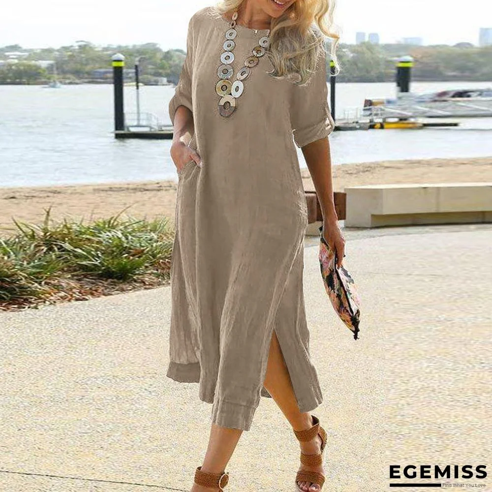 Cotton Casual Retro Long Shirt Dress Long Sleeve Hem Slit Skirt | EGEMISS