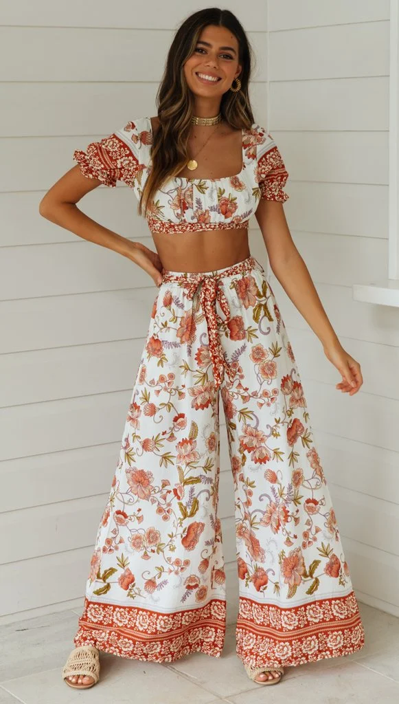White Floral Crop Top and Pants Matching Sets