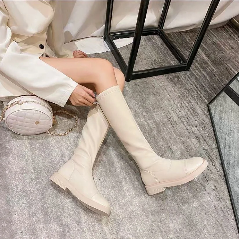 2021 New Women Knee High Boots Stretch Leather Sock Boots Slim Fit Flat Botas Mujer Autumn Long Boot Casual Bota Feminina