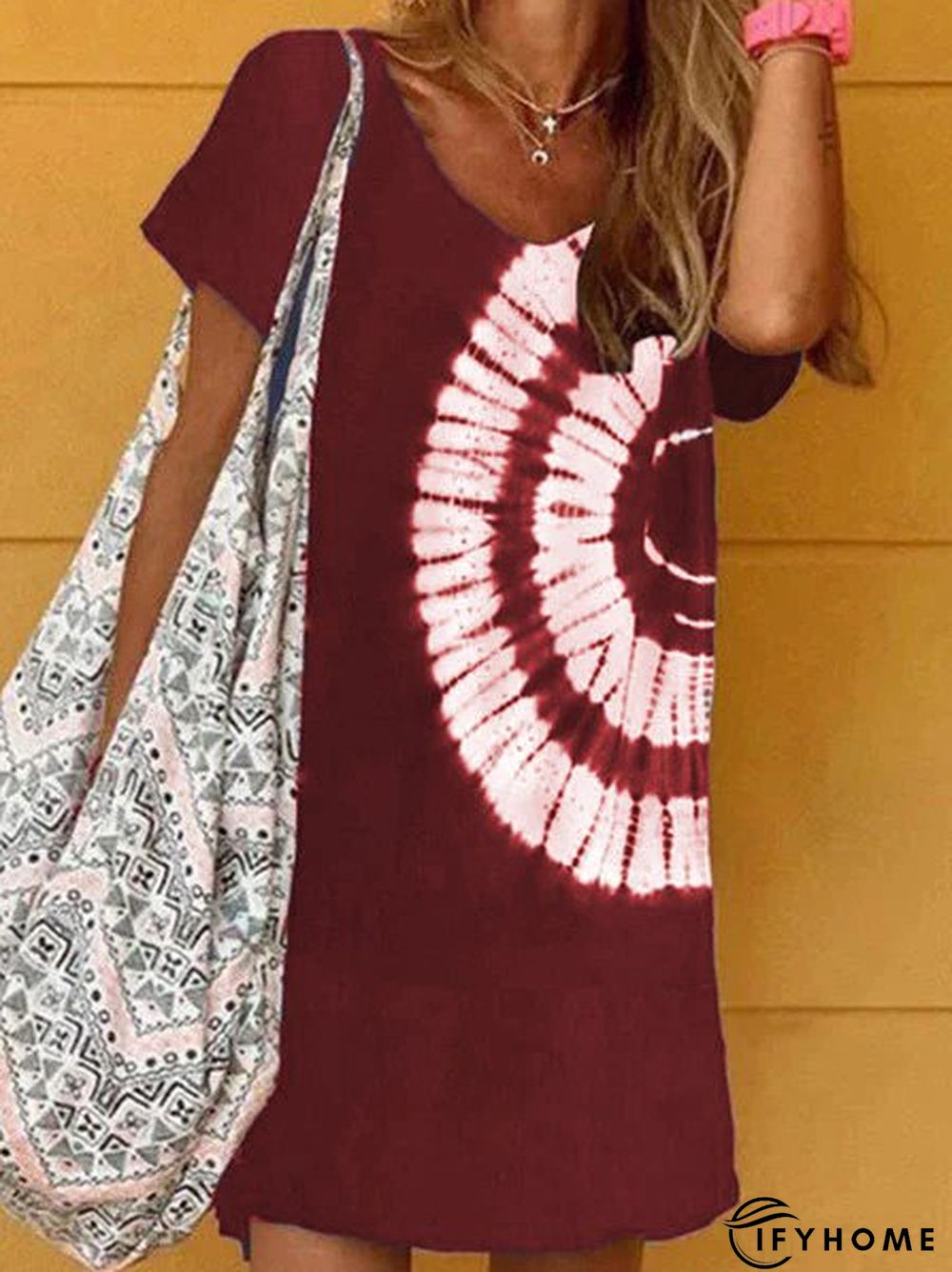 Navy Blue Tie-dye Holiday Daily Printed V neck A-Line Casual Short Sleeve Knitting Dress | IFYHOME