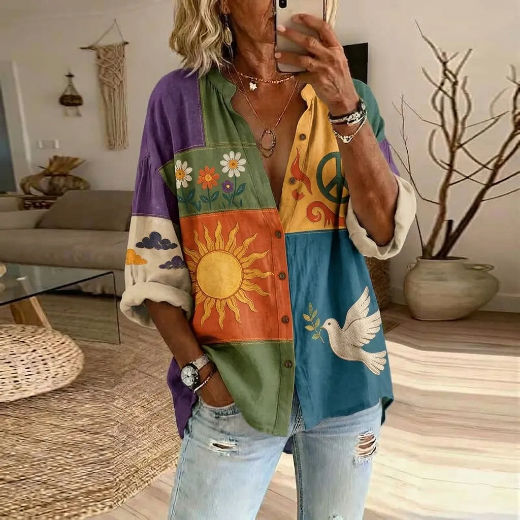 Comstylish Women's Retro Peace And Love Music Hippie Pattern Casual Shirt