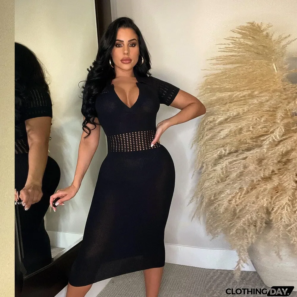 Plus Size Sexy Slim Fit Lapel Sweater Midi Dress