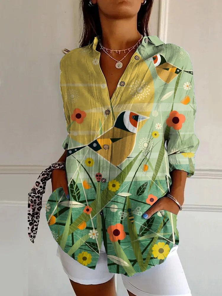 Vintage Bird Art Print Casual Long Sleeve Shirt