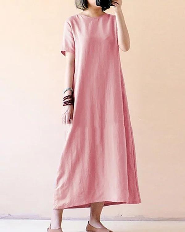 Women Casual Short Sleeve Solid Cotton Plus Size Dress