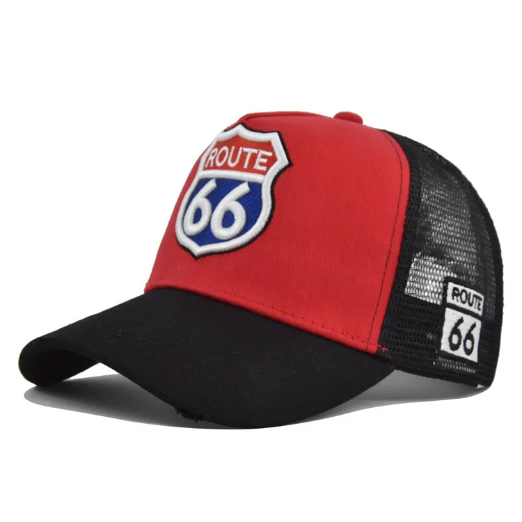 Cross-Border Embroidered Baseball Cap No. 66 Highway Three-Dimensional Embroidered Peaked Cap Mesh Fitted Cap Curved Brim Sun Ha