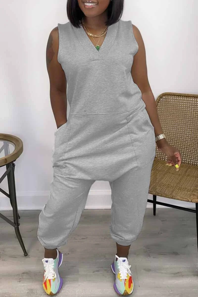 Fashion Casual Solid Basic V Neck Regular Jumpsuits