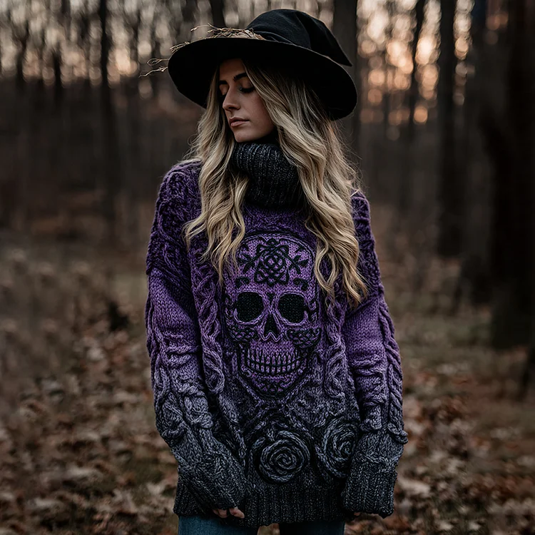 Women's Viking Tribal Jacquard Celtic With Rose And Skull Inspired Chunky Knit Hooded Sweater