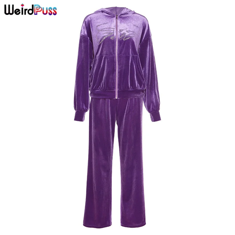 Weird Puss Rhinestone Letter Velvet Tracksuit Women Pocket Hoodie Sweatshirt+Casual Pants Autumn Streetwear Matching Suit Outfit