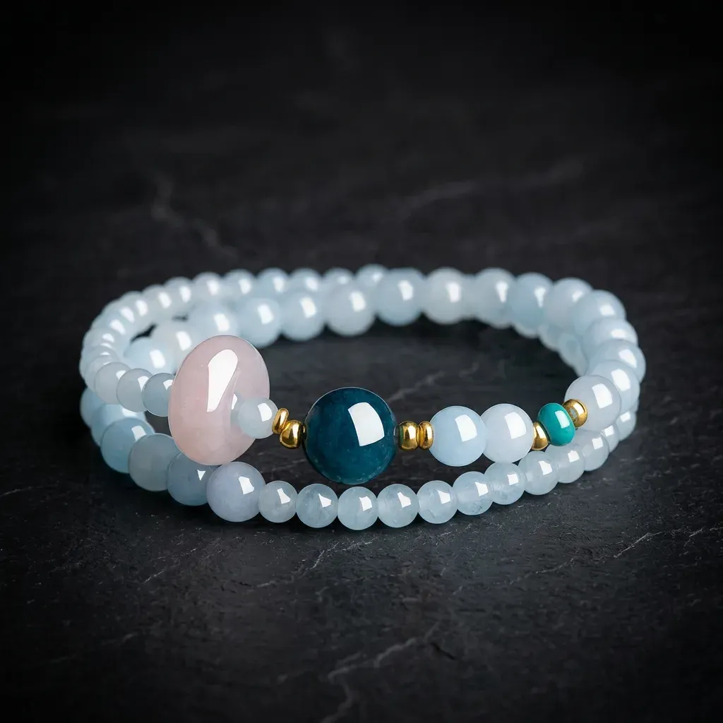 JiStones Serene Azure Double-Wrap Bracelet | Temple-Inspired Fortune Talisman Serene Azure & Rose Charm