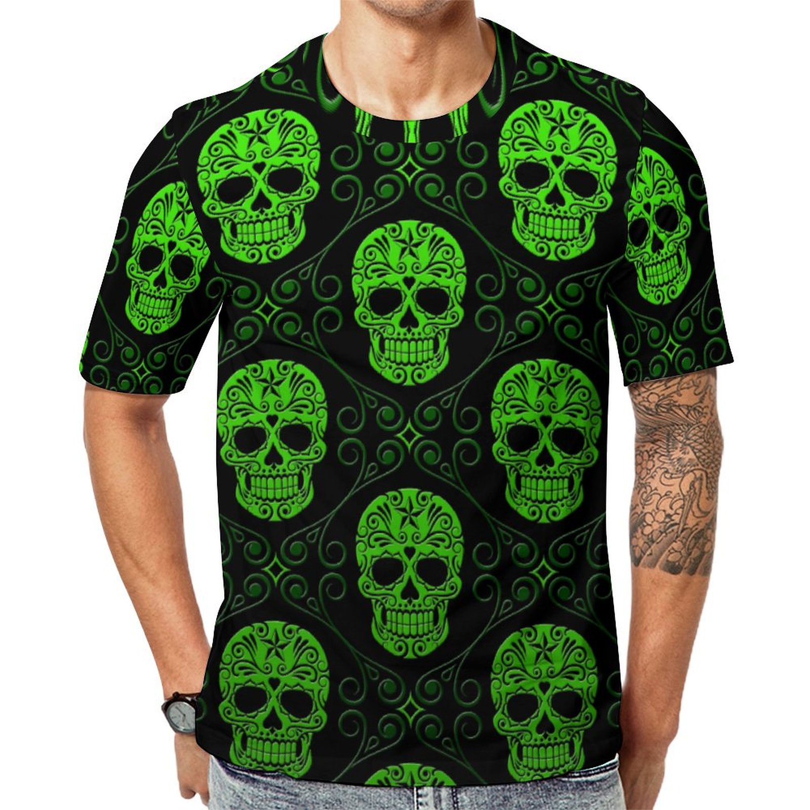 Green And Black Sugar Skull Short Sleeve Print Unisex Tshirt Summer Casual Tees for Men and Women Coolcoshirts