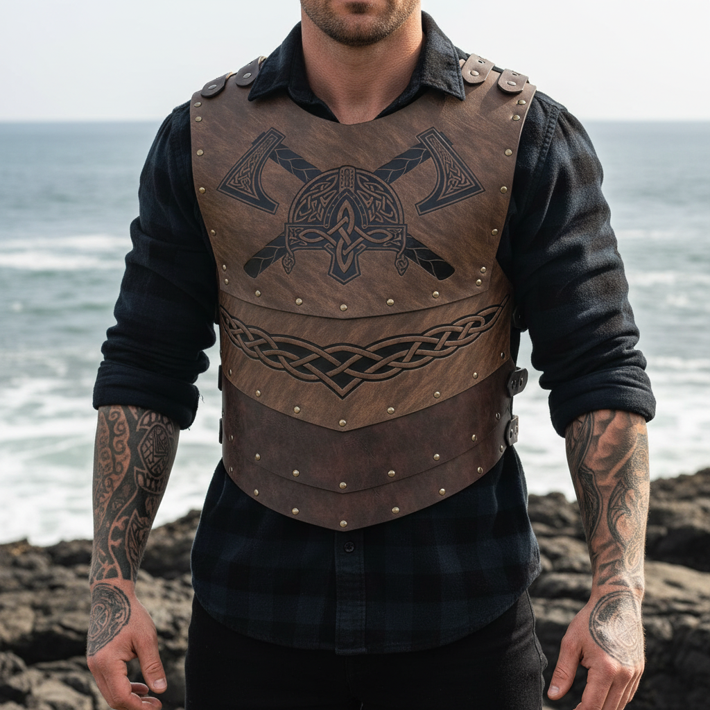 Viking Warrior Armor Gauntlets - Premium PU Leather Bracers with Symbolic Axe & Helmet Design for LARP & Cosplay