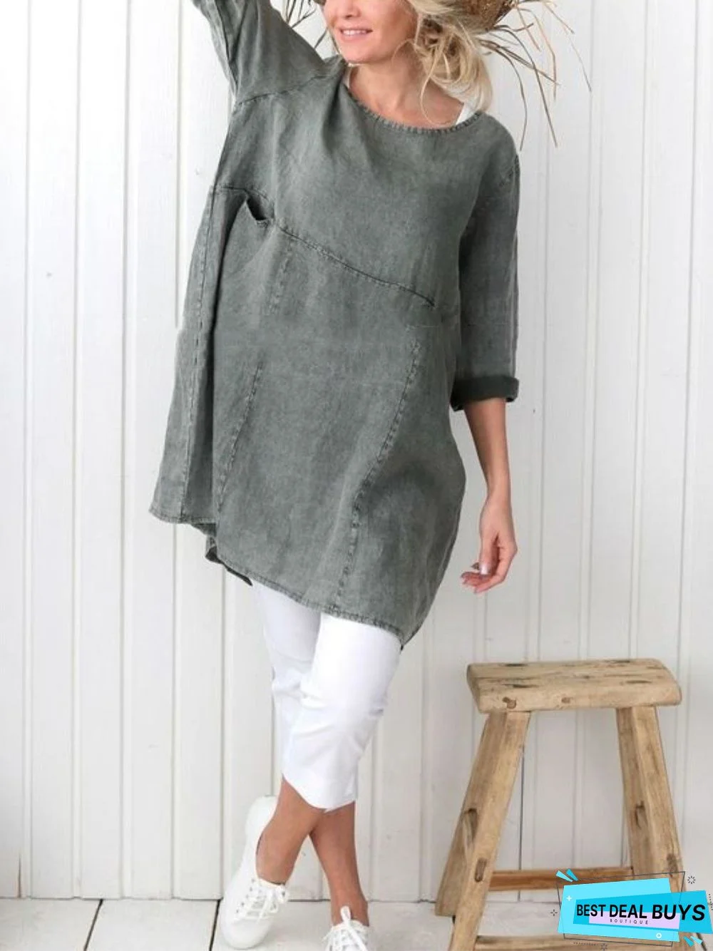 zolucky Plus Size Casual Plain Long Sleeve Linen Dress