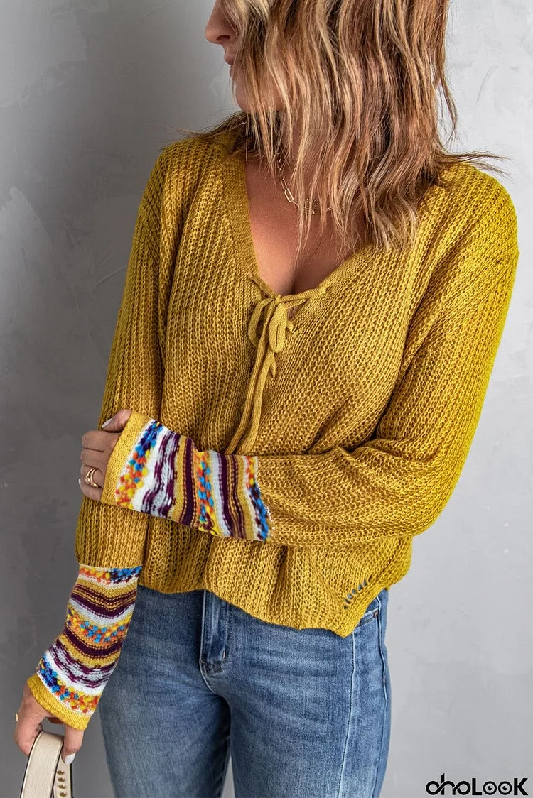 Yellow Lace up Knit Sweater