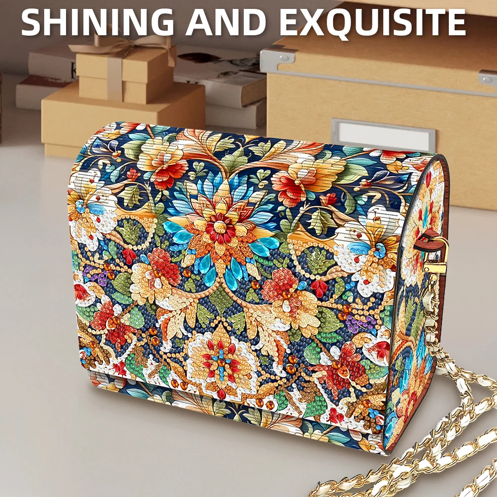 DIY Flowers Diamond Art Wooden Coin Pouch with Chain 5D Diamond Painting Purse
