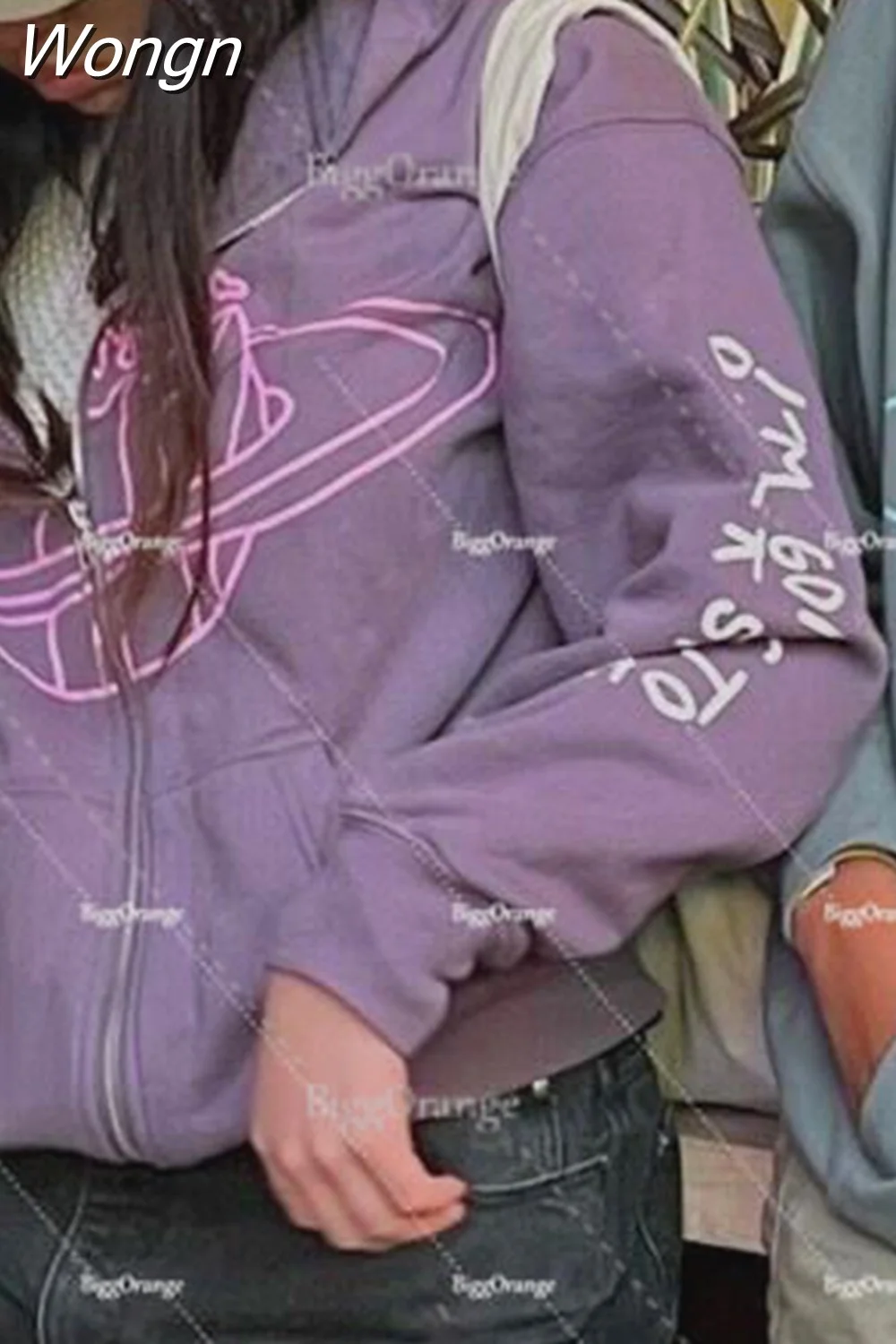 Wongn Letter Print Hoodie Zipper American Purple Streetwear Casual Clothes Hip Hop High Street Oversize Sweatshirts Loose Coat