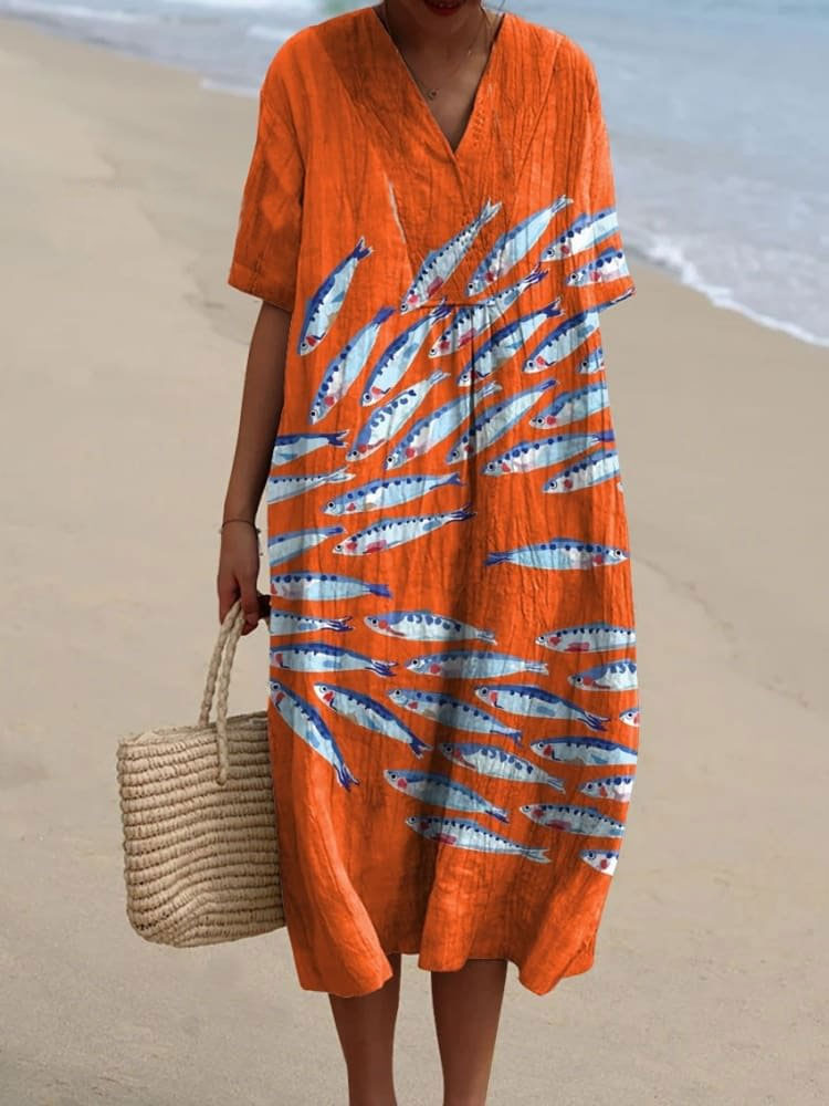 Women's Vintage Lovely Sardines Art Print Flowy Dress
