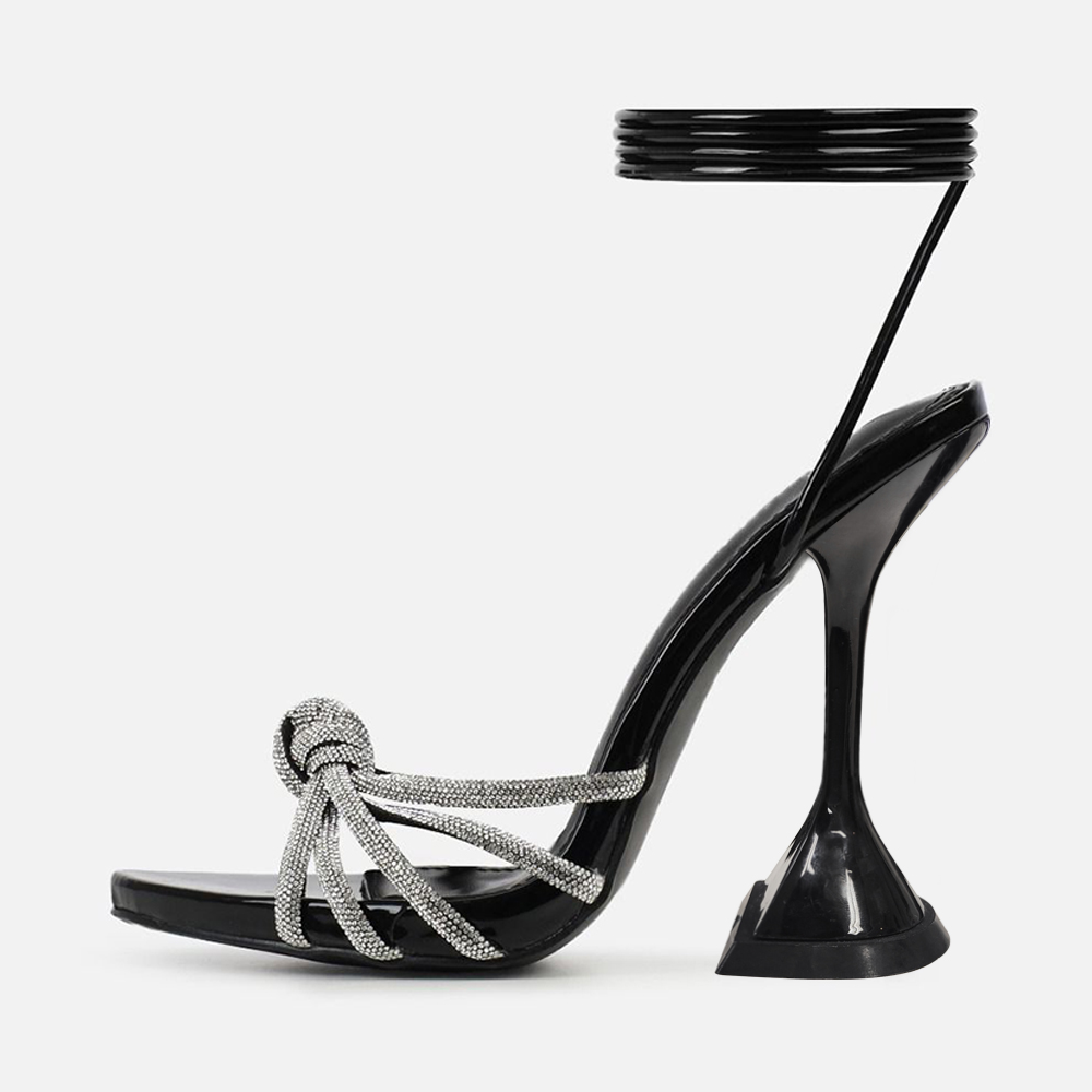 Black Open Toe Flared Heel Rhinestone Lace Up Sandals with Knot Nicepairs