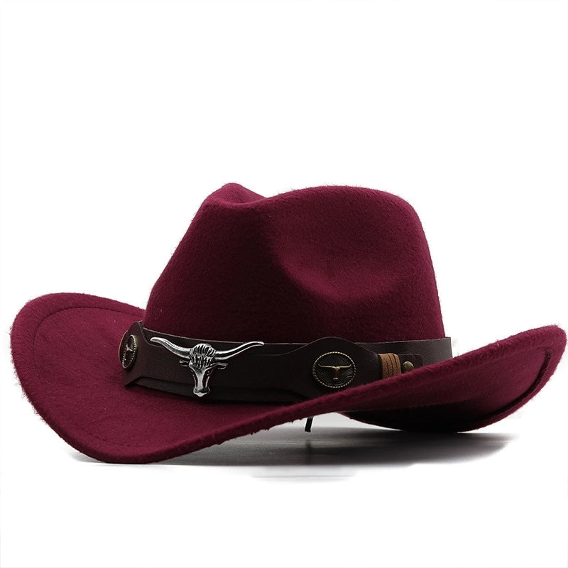 Simple Brim Hat Woolen Jazz Hat British Style Top Hat Cow Head Belt Solid Color Western Cowboy Hat