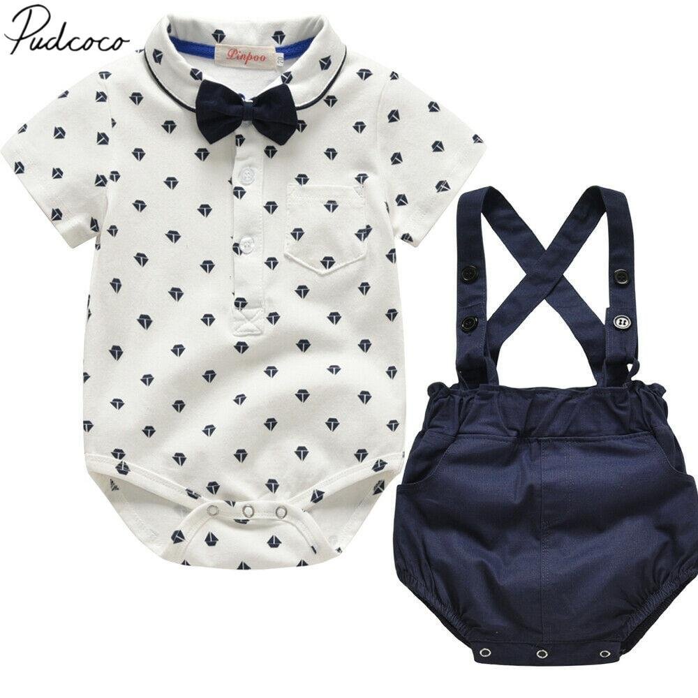 2019 Children Baby Clothing 2PCS Cute Newborn Infant Baby Boys Outfit Clothes Bow Tie Romper Tops+Overall Shorts Pants 2Pcs Set