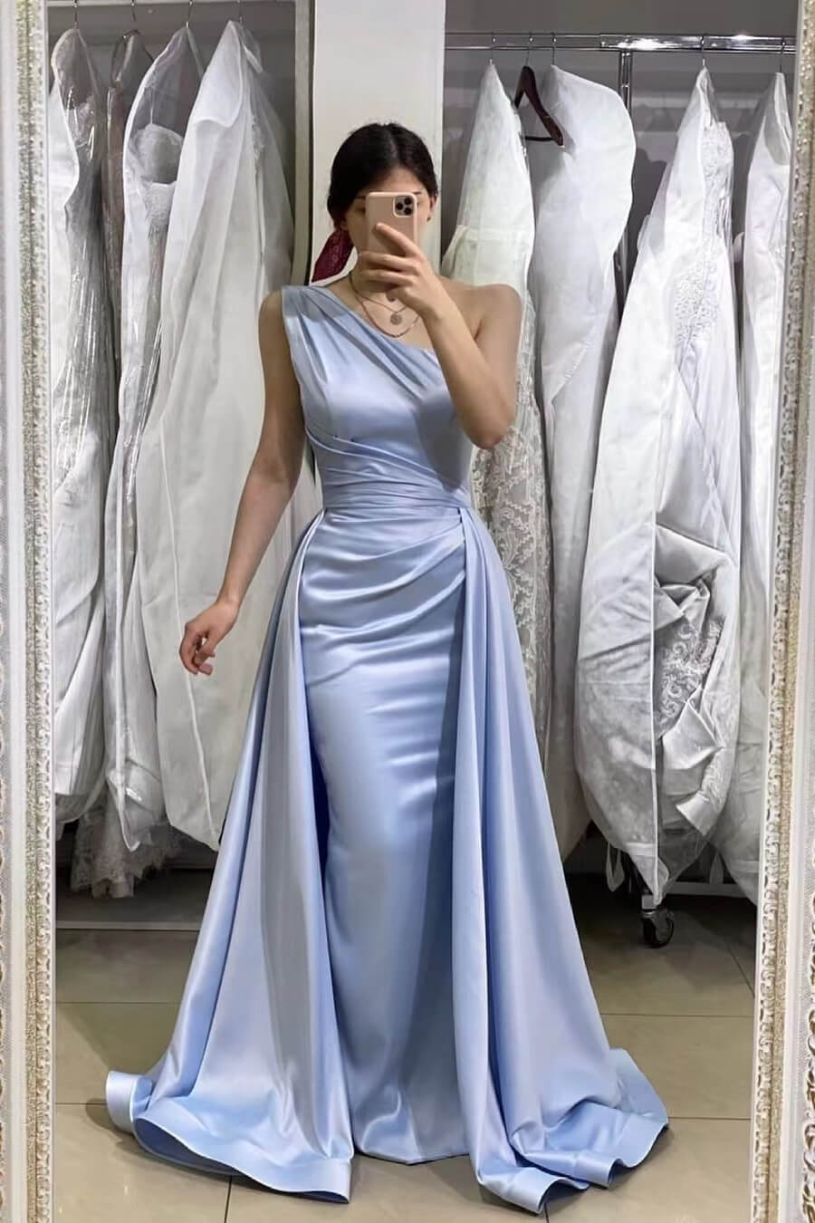 Oknass Light Blue Sleeveless Mermaid One-Shoulder Long Prom Dress With Detachable Skirt